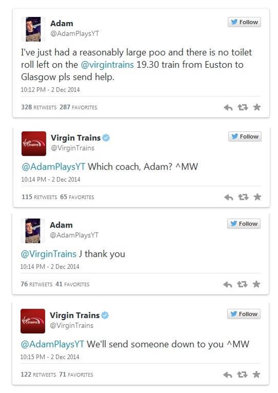 Examples of customer service via Twitter from Virgin Trains