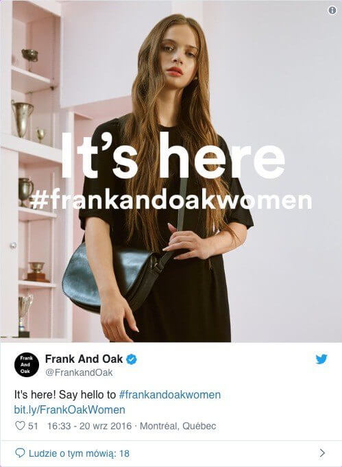 A screenshot of a Frank and Oak Twitter Twitter post showing their branded hashtag 