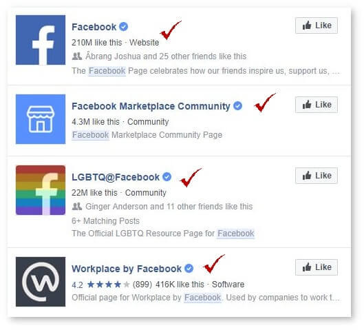 screenshot of verified pages on Facebook with blue check marks next to them