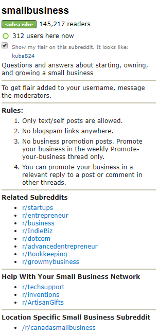 A sidebar of a small business subreddit.