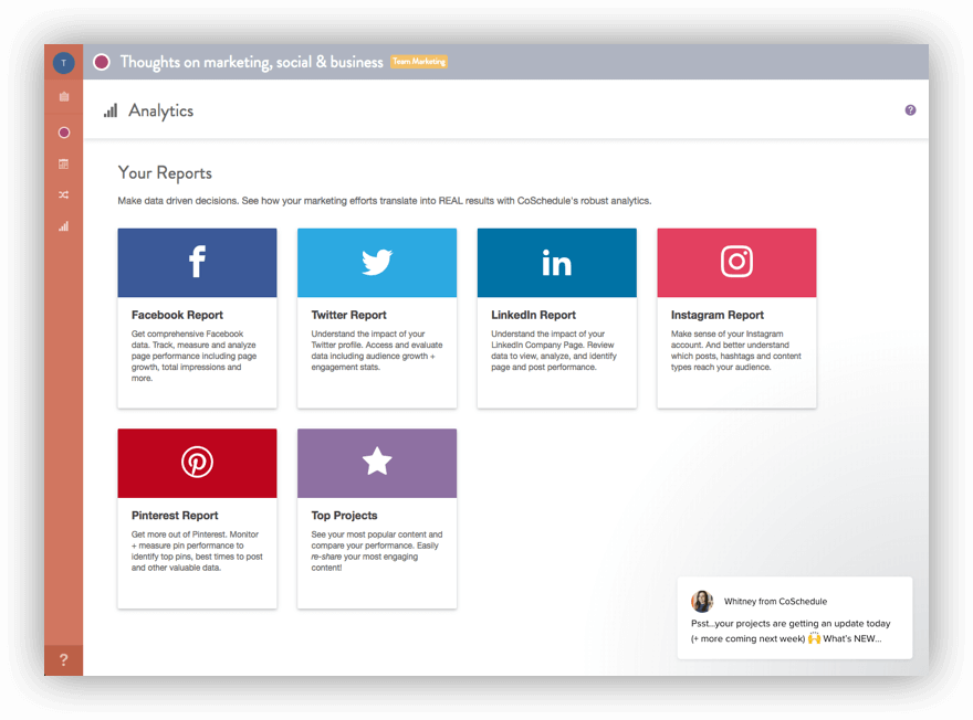 Screenshot from CoSchedule, one of the best social media analytics tools