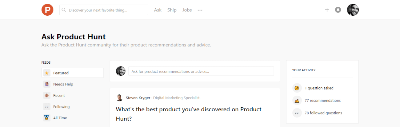 An image presenting the homepage of Ask Product Hunt.