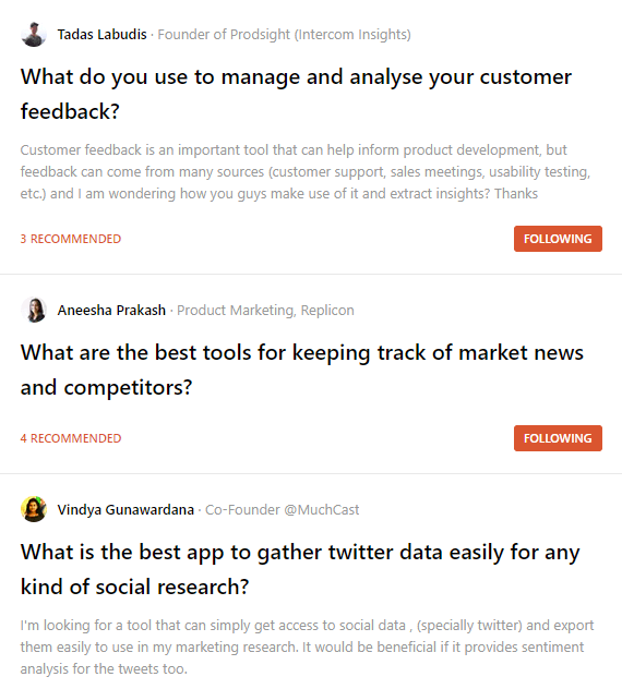 A screenshot of questions on Ask Producthunt
