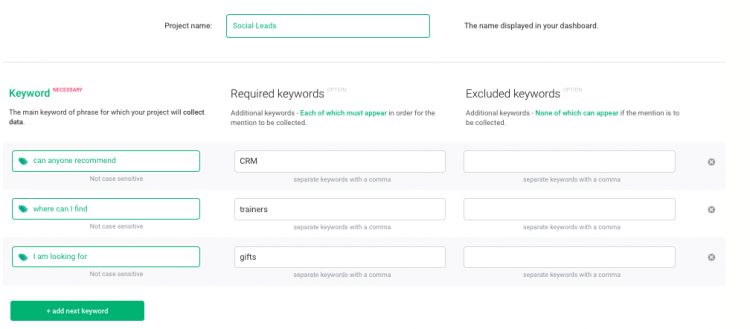 print screen from Brand24 where you can enter additional keywords for your project