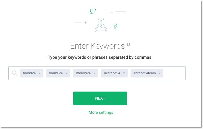 print screen of brand24 dashboard with keywords to monitor