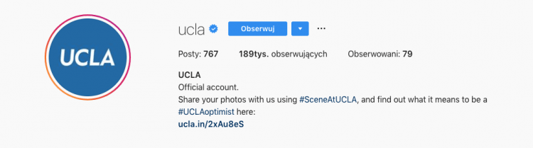 A higher education institution Instagram account description where you can find a strong call-to-action to promote branded hashtag
