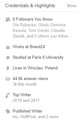Credentials & Highlights section of a quality Quora profile page.