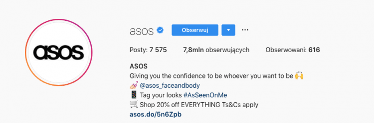 a print screen of ASOS bio information from Instagram with clearly stated call-to-action