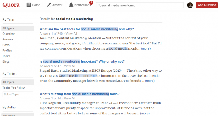 A list of Quora questions for a keyword 'social media monitoring'.
