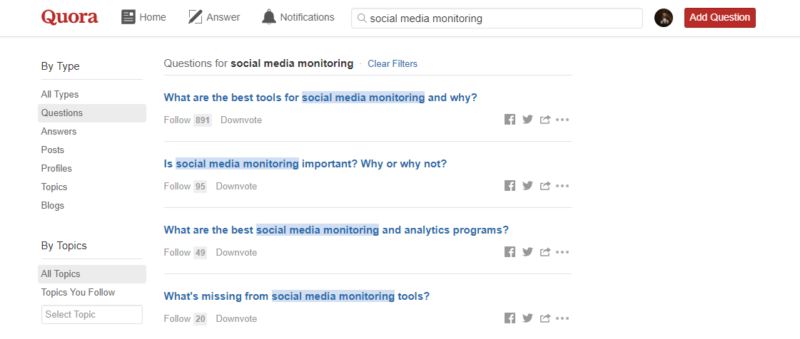 Results for social media monitoring keyword on Quora