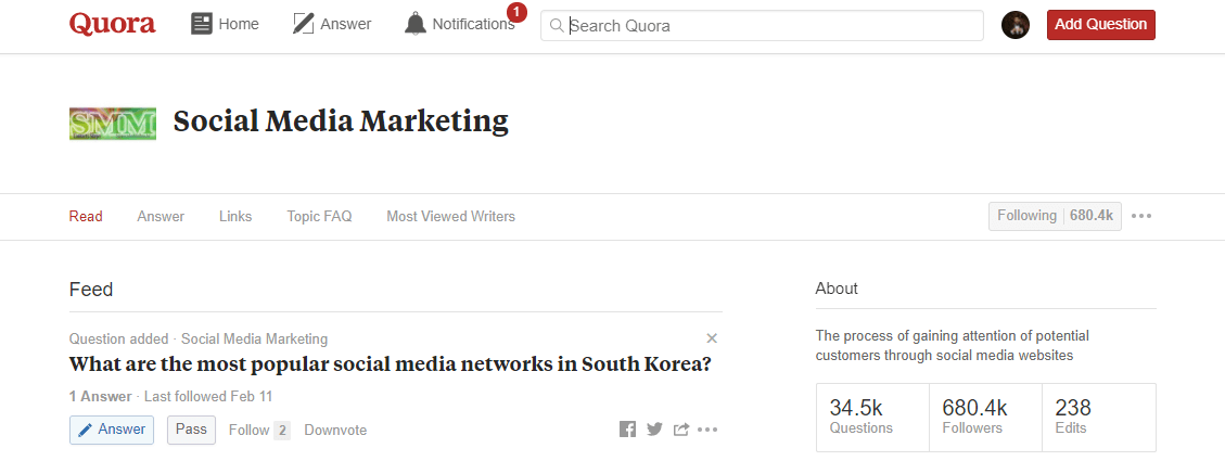 A social media marketing topic page on Quora.