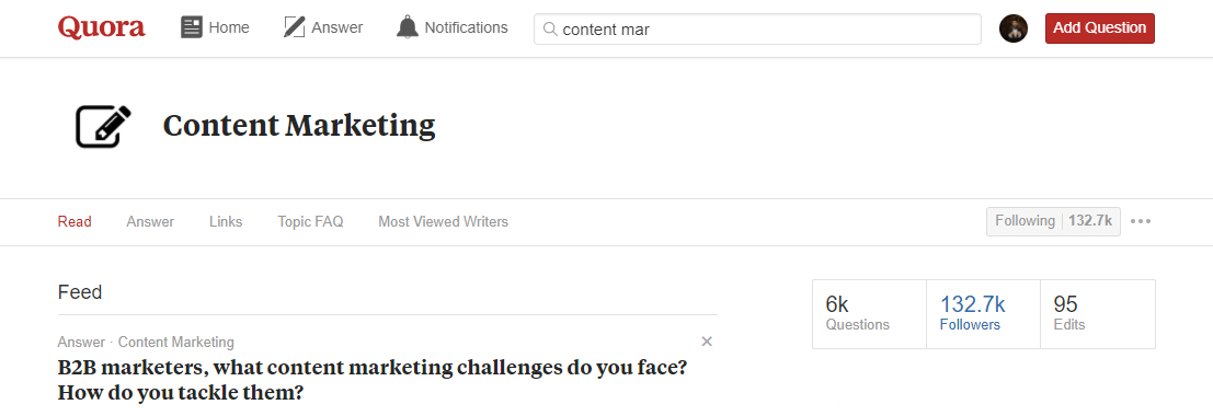 header of a content marketing topic on quora
