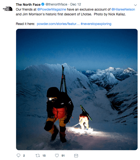 A screenshot of Twitter post from North Face's page