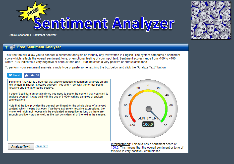 A screenshot of sentiment analysis inside Sentiment Analyzer