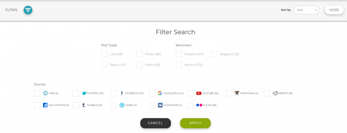 A screenshot of the filters available inside Social Searcher 