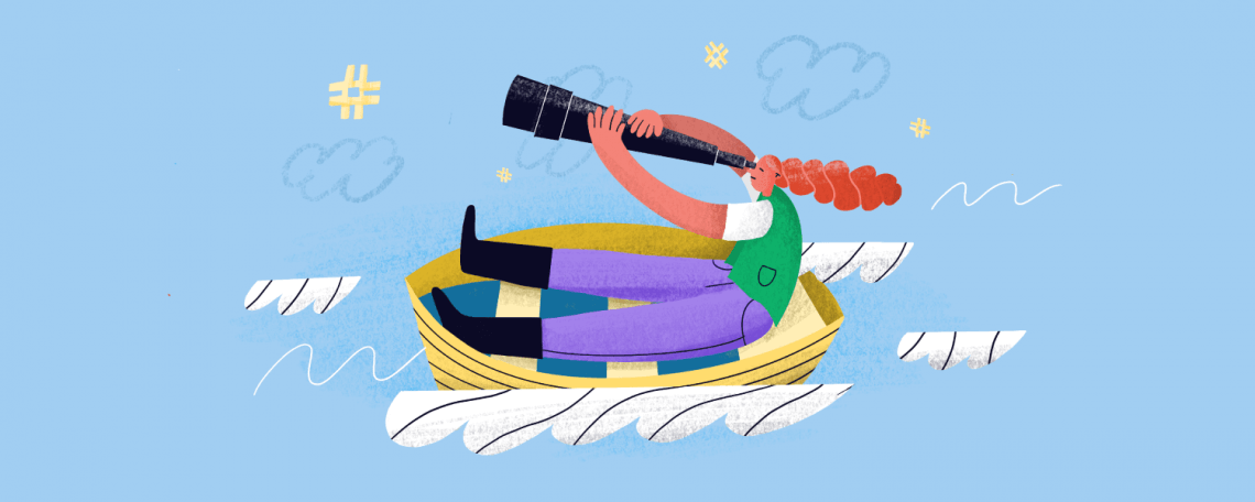 An illustration showing a women on a boat looking into the sky at a hashtag