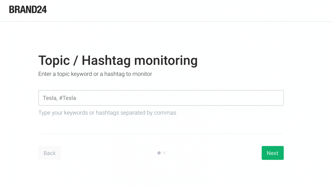 second step of project creation wizard where you can enter hashtags and keywords you want to monitor to track social shares